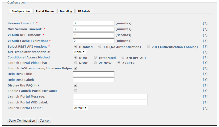 VF Admin Configuration Page