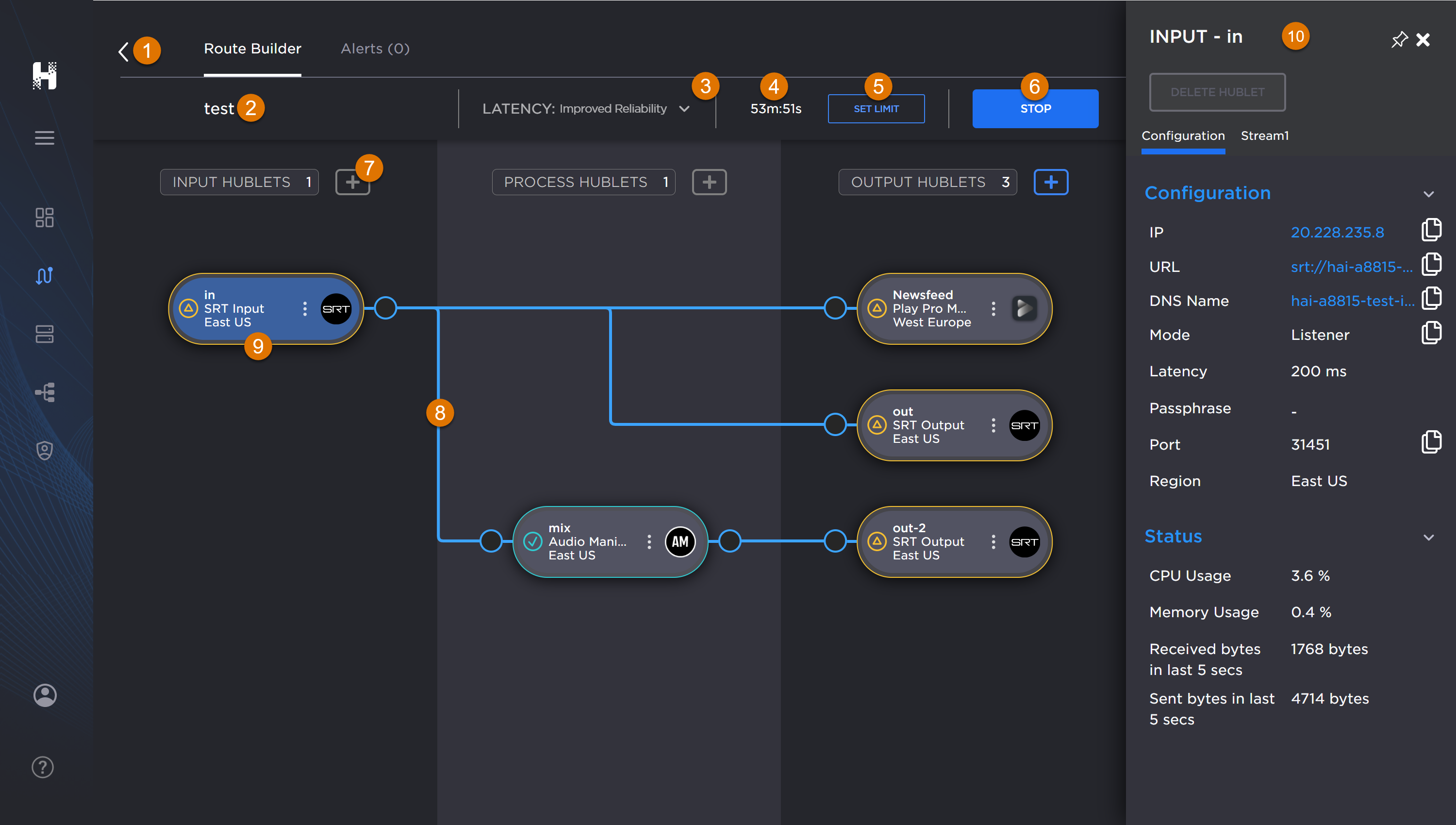 Route Builder Screen, labeled, with a Hublet panel open.