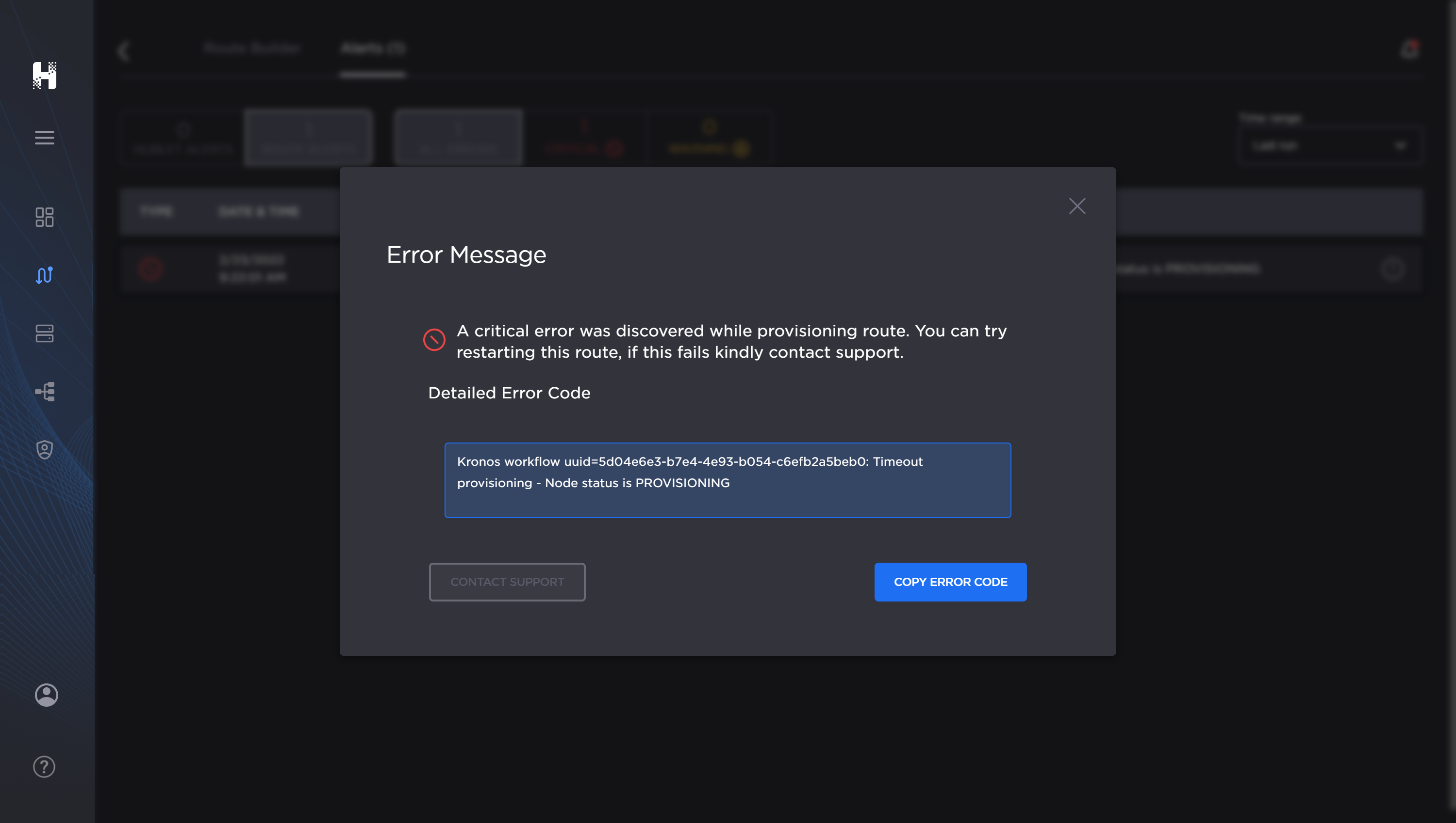 Route error message pop-up.