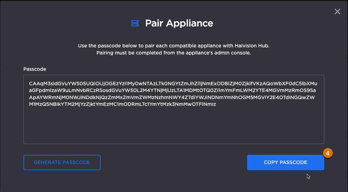 Labeled image of a pop-up message to pair an appliance with a passcode.