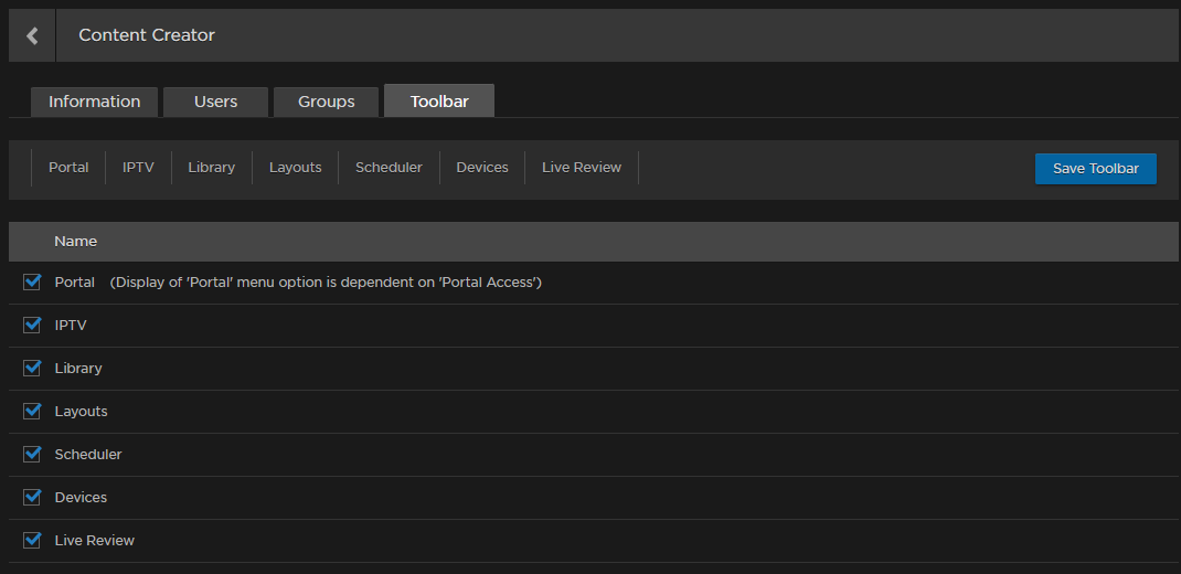 Toolbar settings