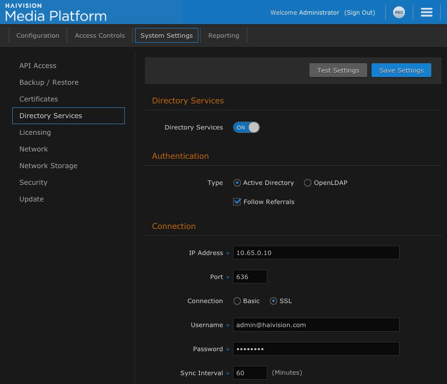 Directory Services settings