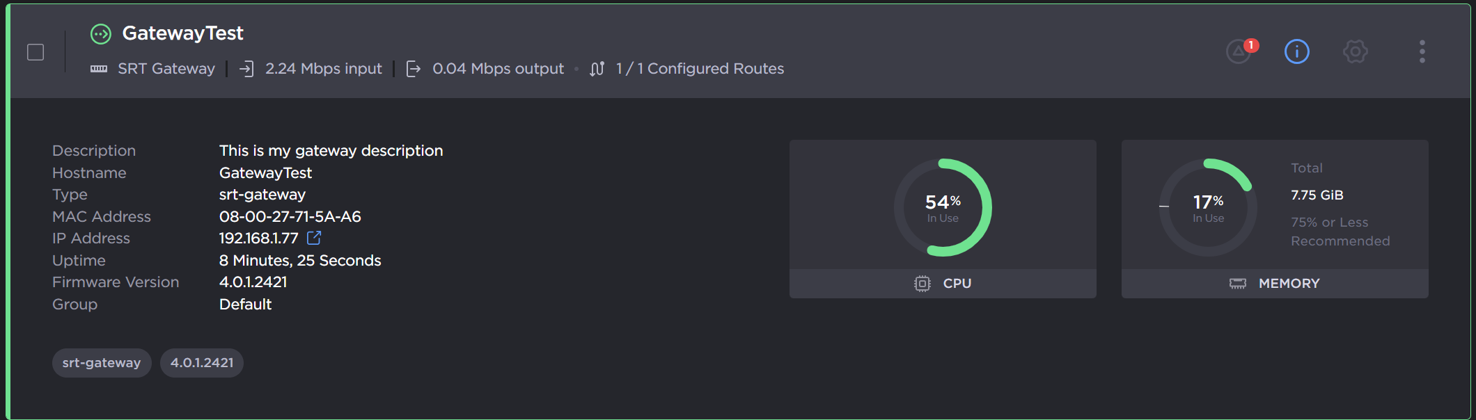 SRT Gateway Info screen