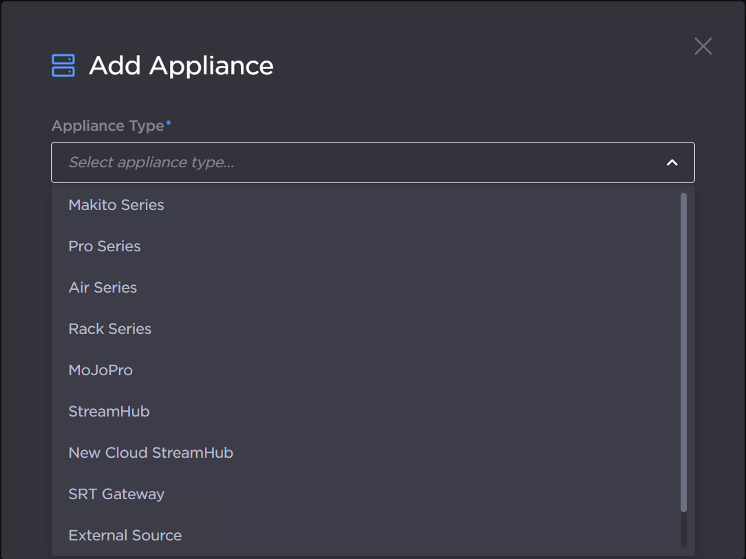 Add Appliance dialog