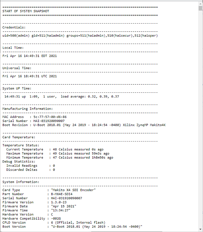 Sample System Information Snapshot