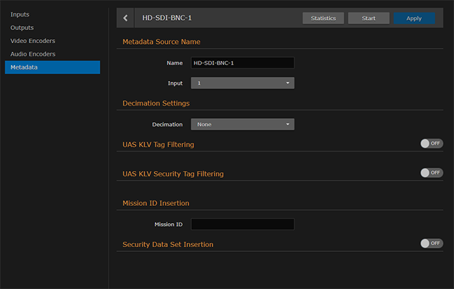 HD-SDI Metadata Source Detail View