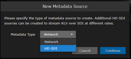 New Metadata Source Dialog (selecting HD-SDI)