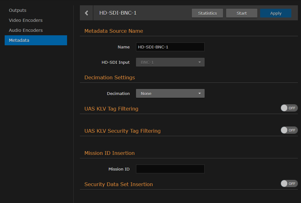 HD-SDI Metadata Source Detail View