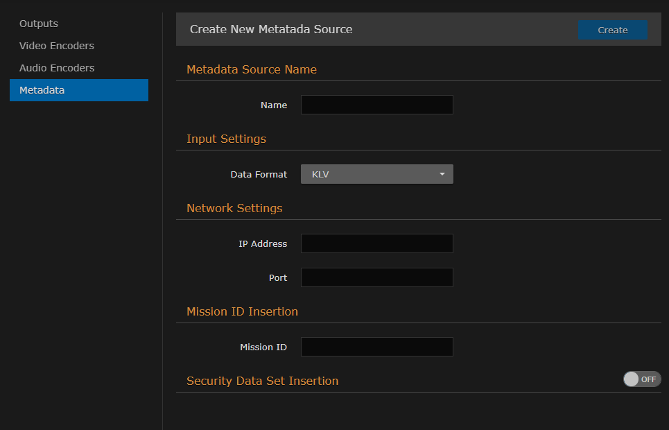 Create New Metadata Source Page