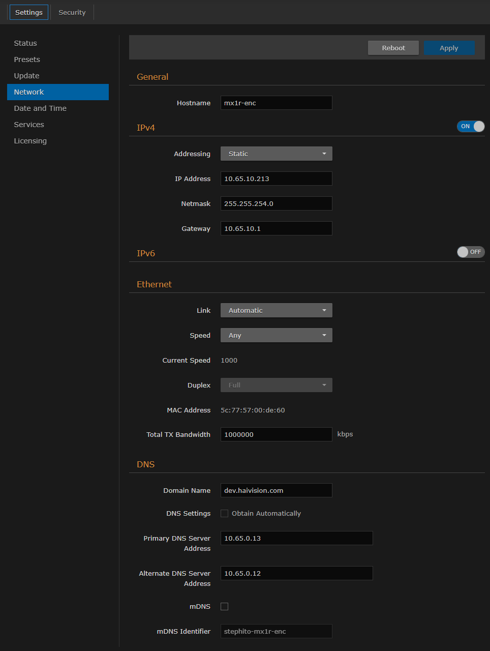 Network Configuration Page