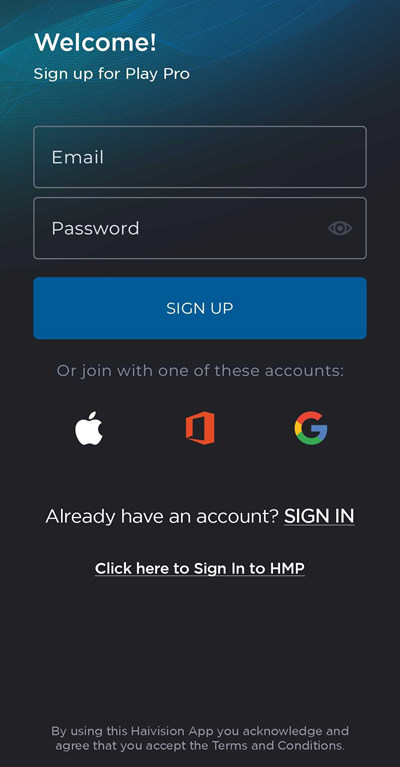 Play Pro Sign Up Screen