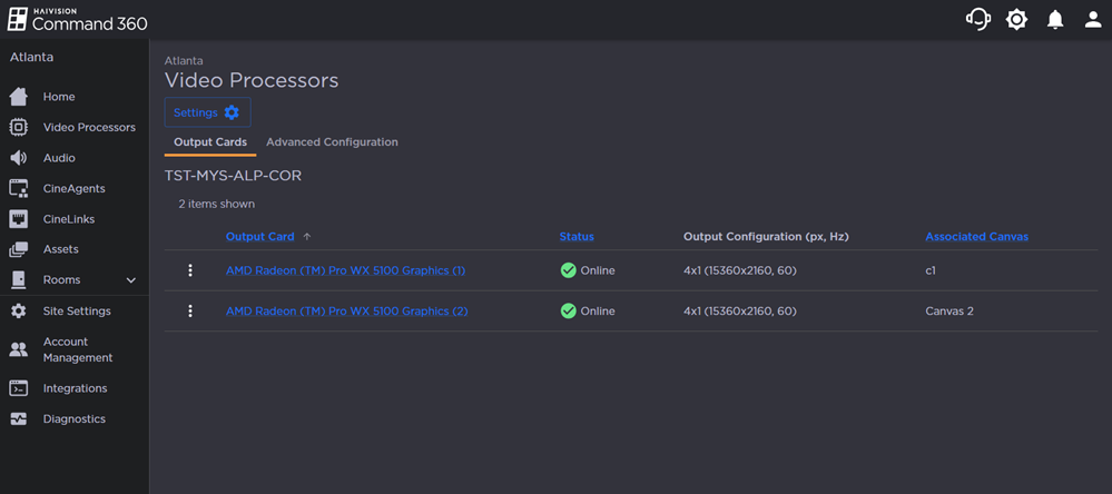 Output Cards Tab on the Video Processors Page