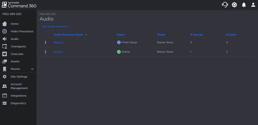 Audio Page with 1 Processor Online and 1 Finish Setup