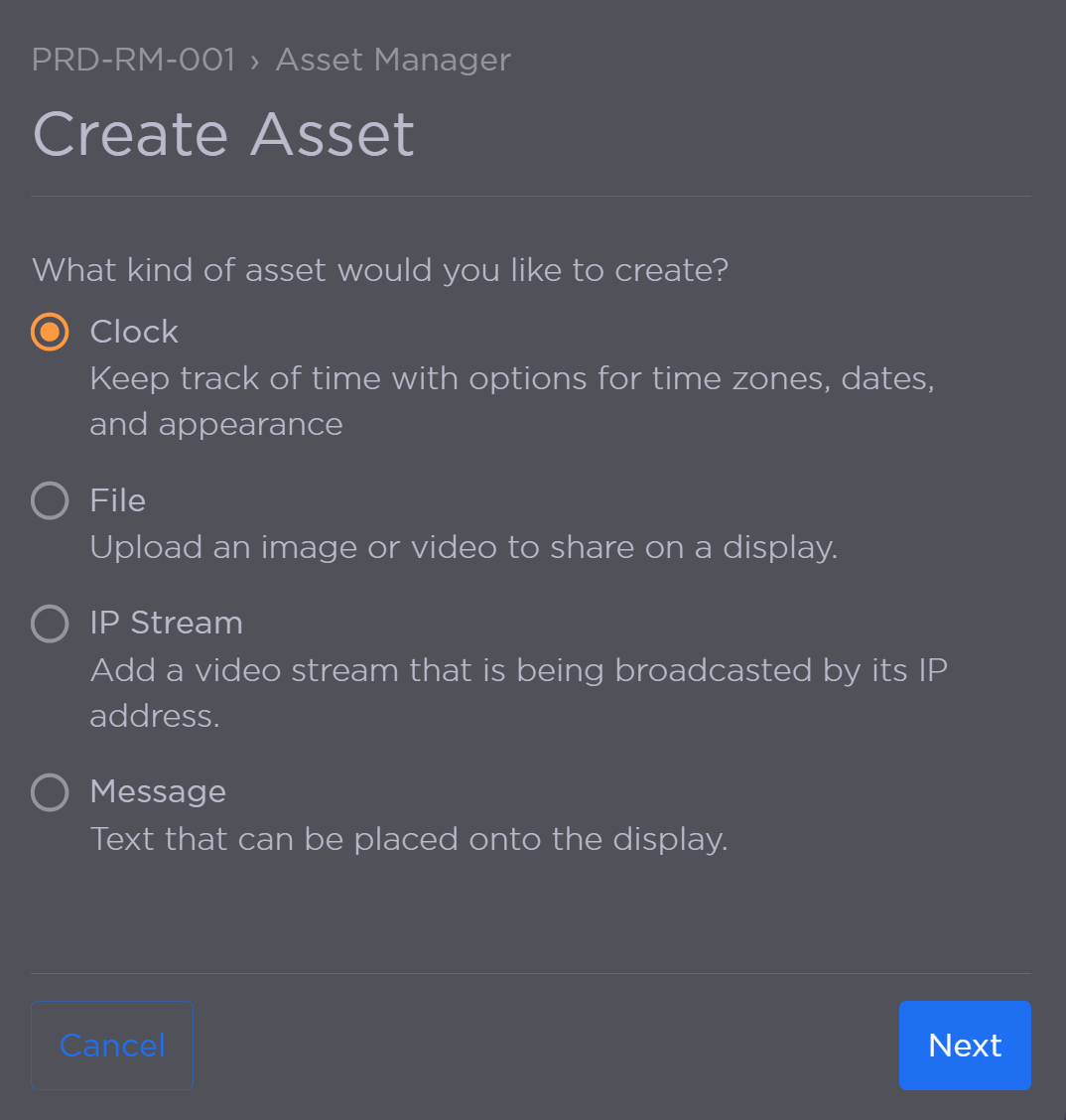 Create Asset Menu with Clock Selected