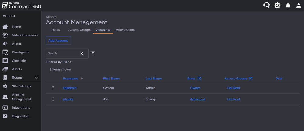 Accounts Tab of Account Management Page