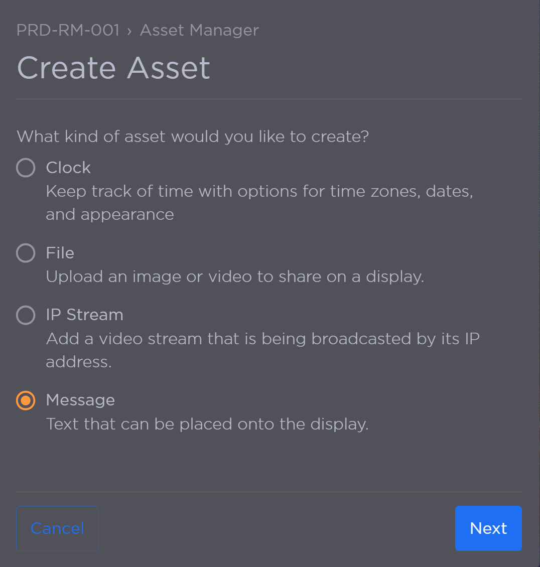 Create Asset Panel with Message Selected