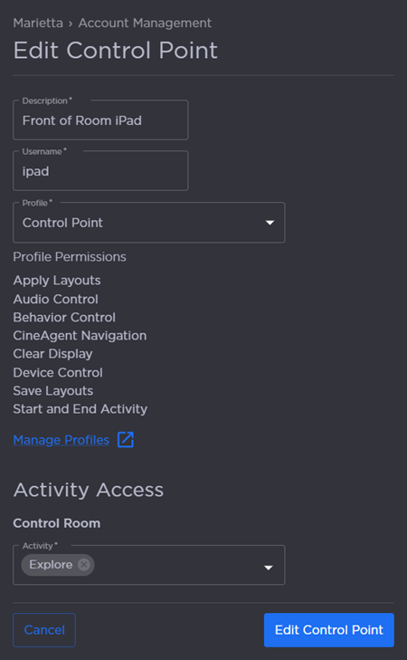 Edit Control Point Options