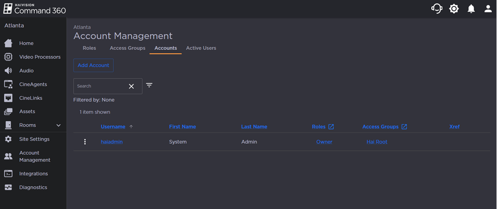 Accounts Tab of Account Management Page