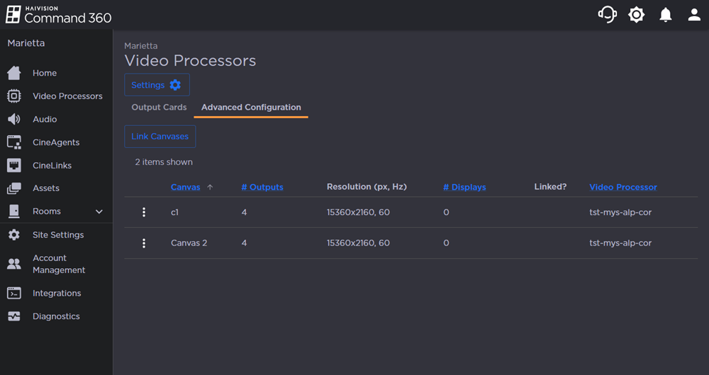 Advanced Configuration Tab with 2 Canvases Listed