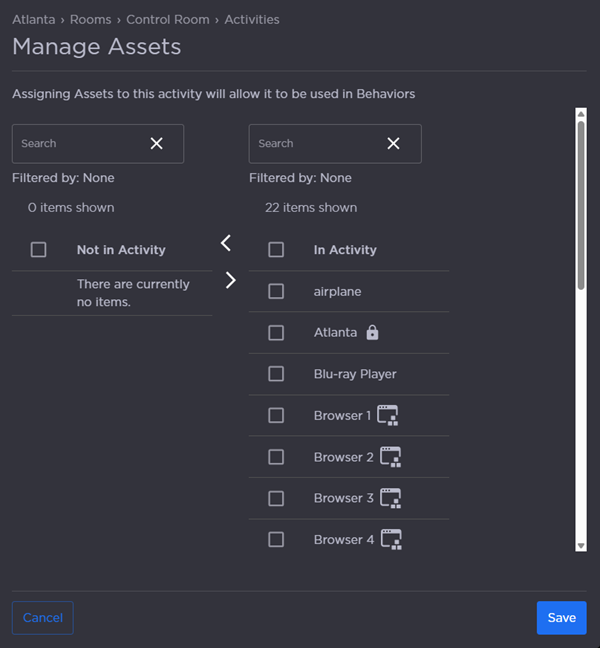 Manage Assets panel
