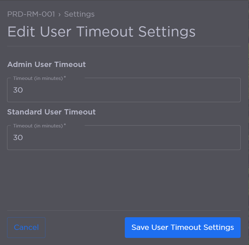 Edit User Timeout Settings Panel