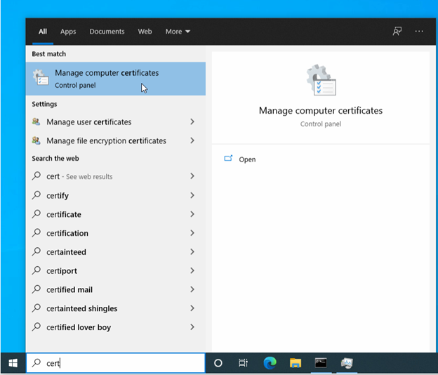 Certificates Option in Windows Search