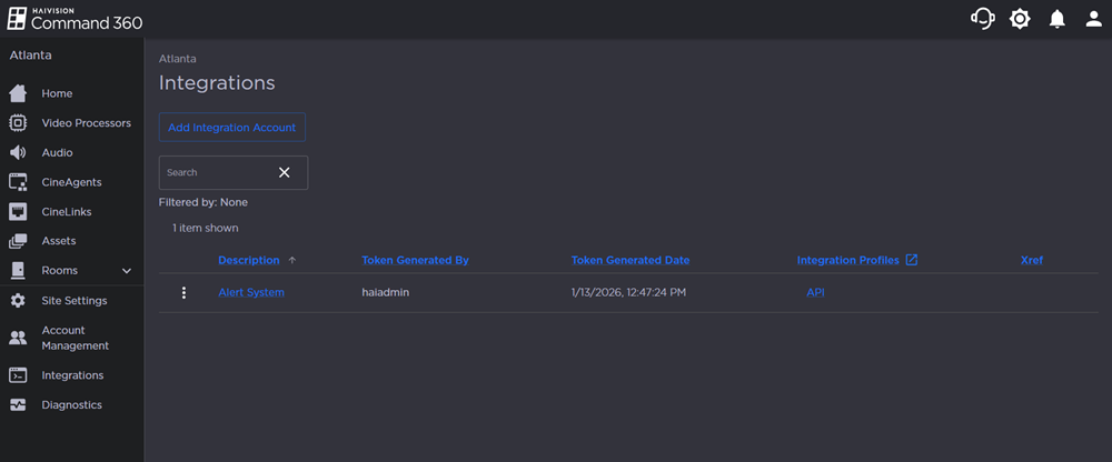 Integrations Page with 1 Integration listed