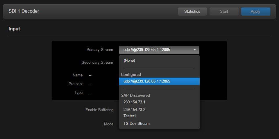 SDI 1 Primary Stream drop-down