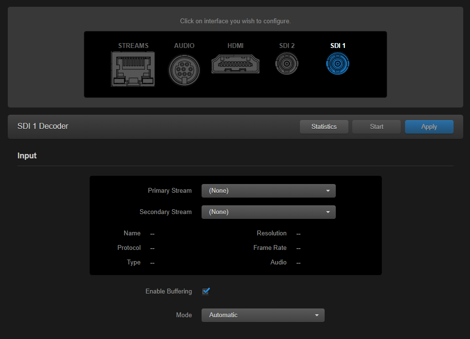 SDI 1 Video Decoding Settings