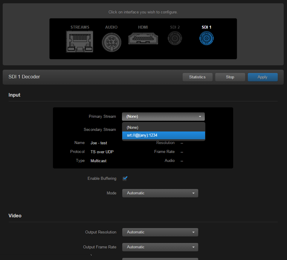 Primary Stream Drop-down