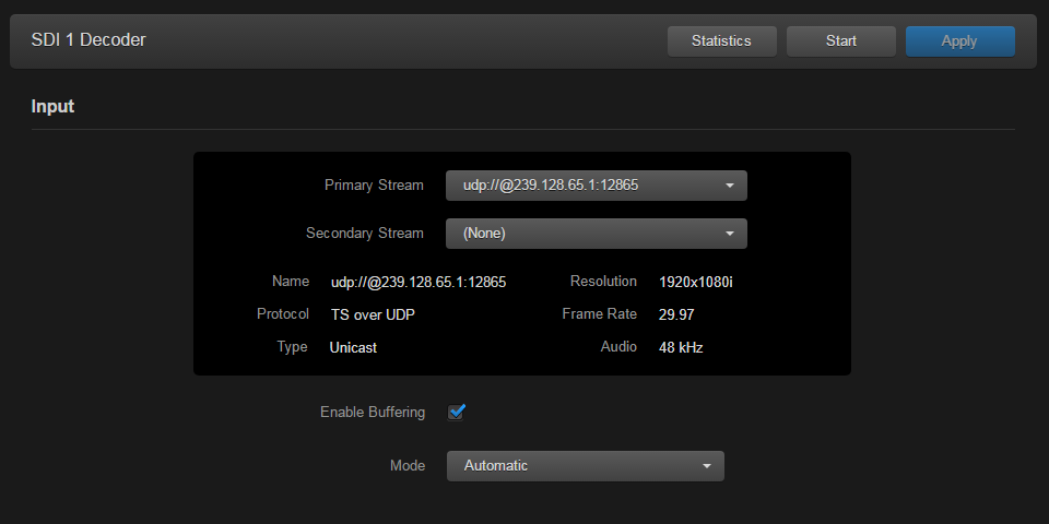 SDI 1 showing Input Stream Data