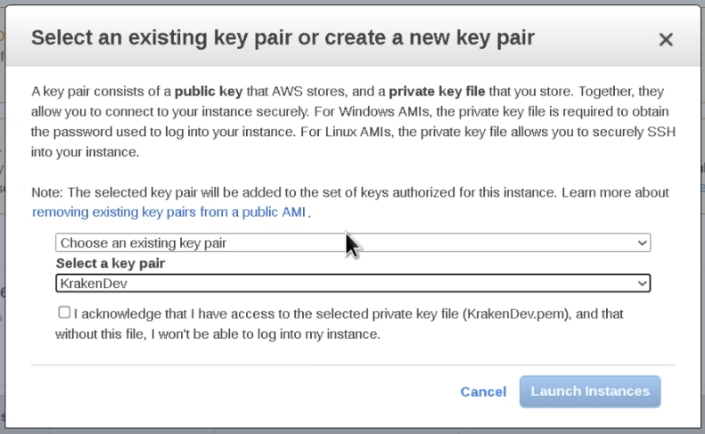 Launch Instances screen - Select Key Pair
