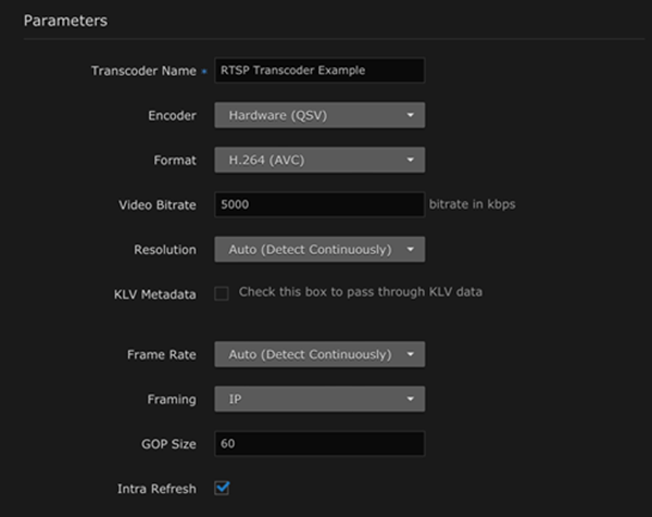 Transcoder Parameters for RTSP