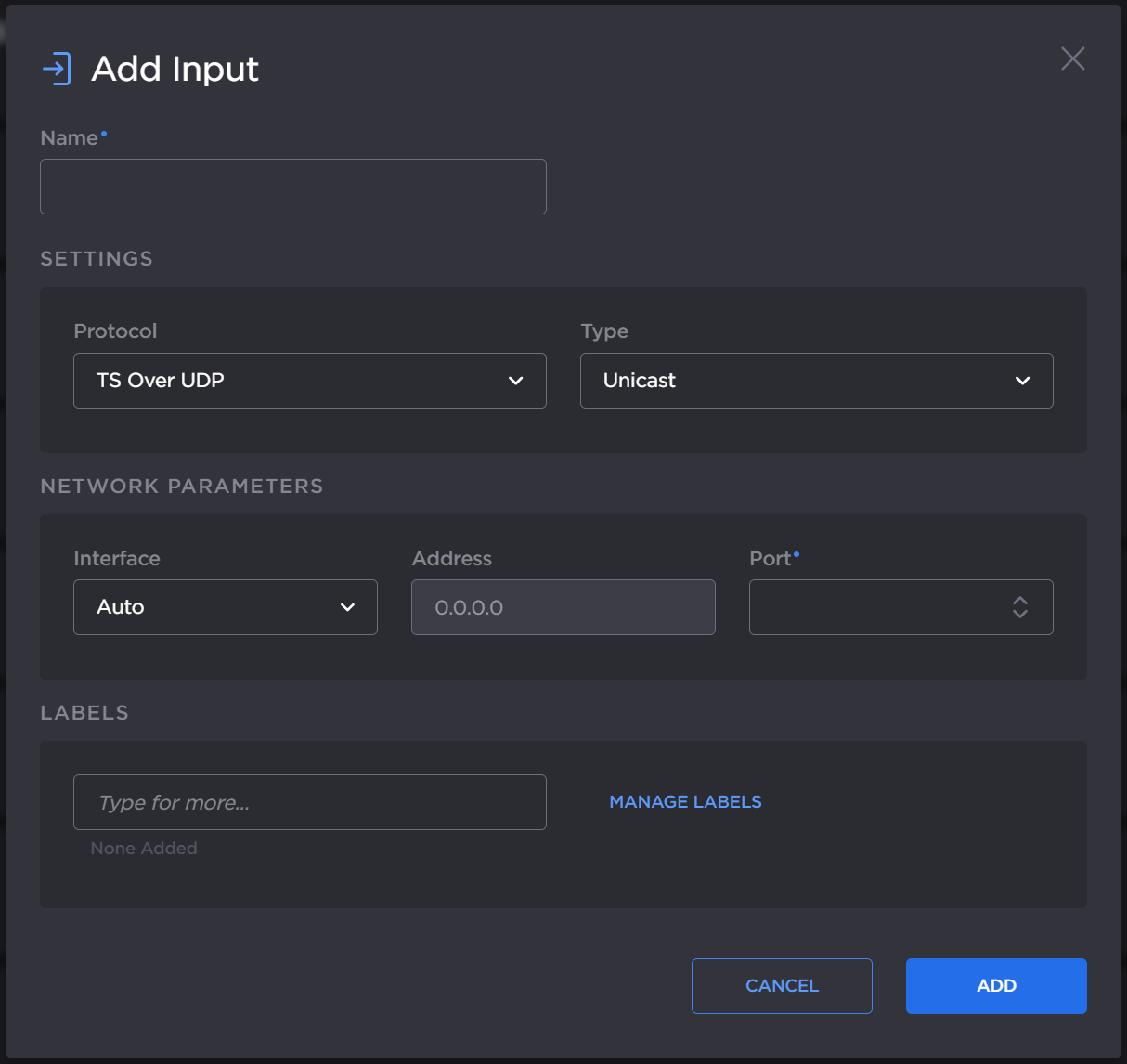 Add Input dialog