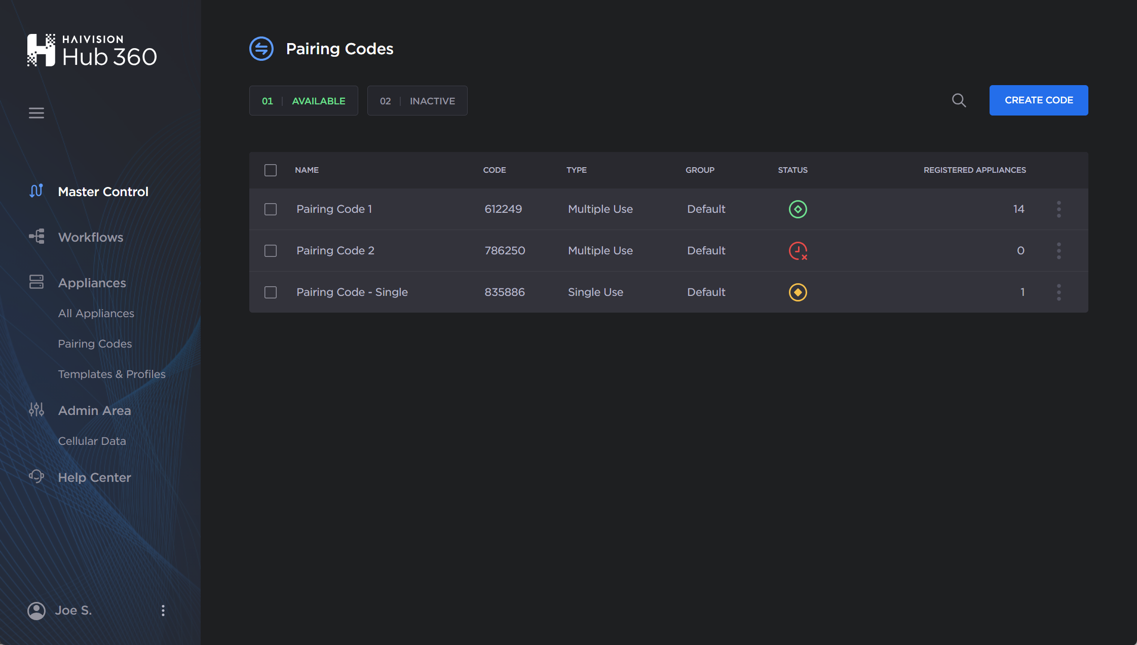 Pairing Code screen