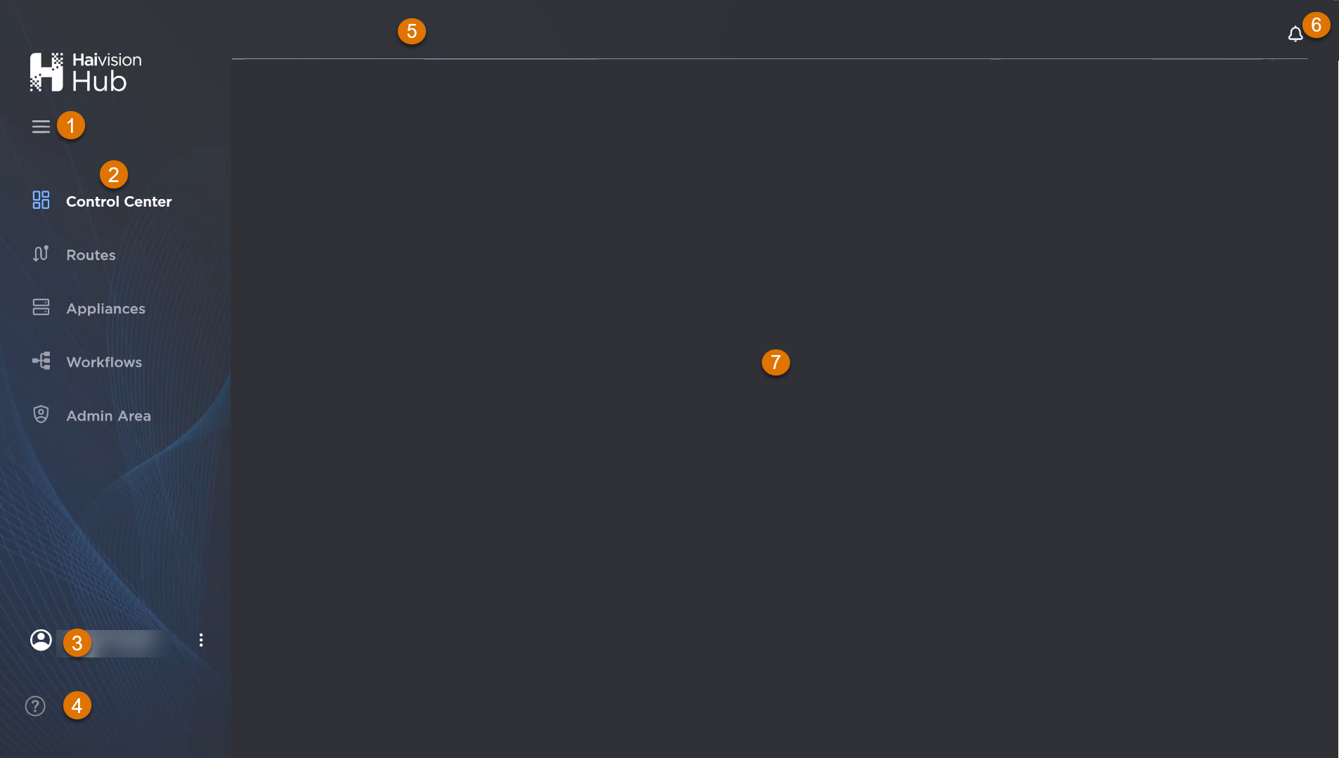 Haivision Hub interface basic structure labeled.