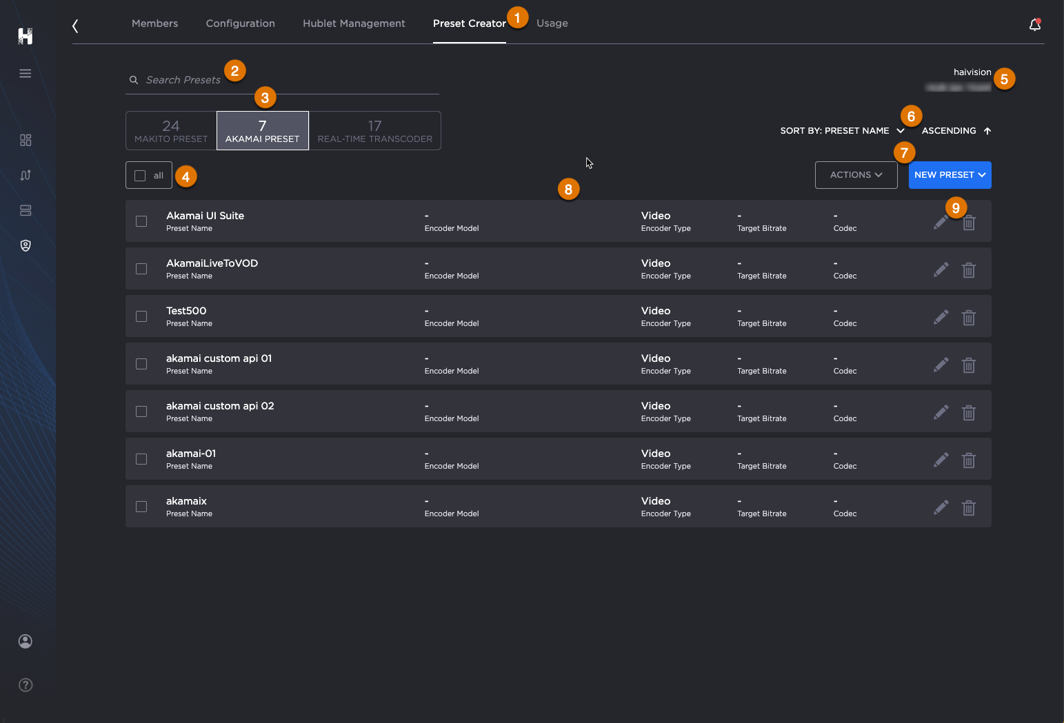 Preset Creator screen, labeled.
