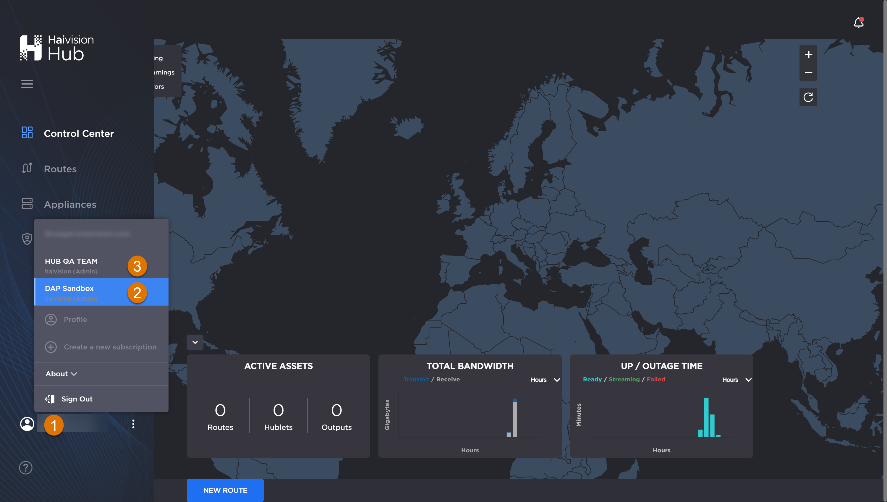 Haivision Hub Control Center dashboard with profile panel open.