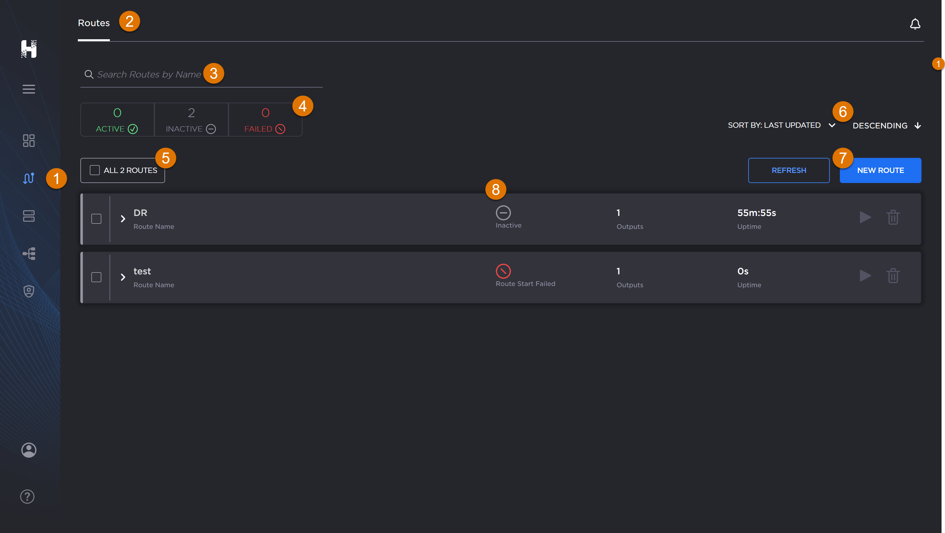 Hub routes screen labeled.