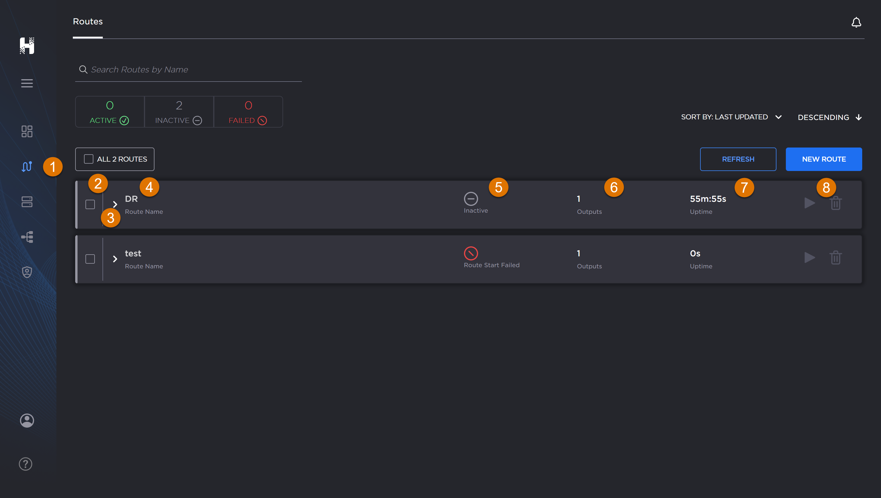 Hub routes screen with individual route item labeled.