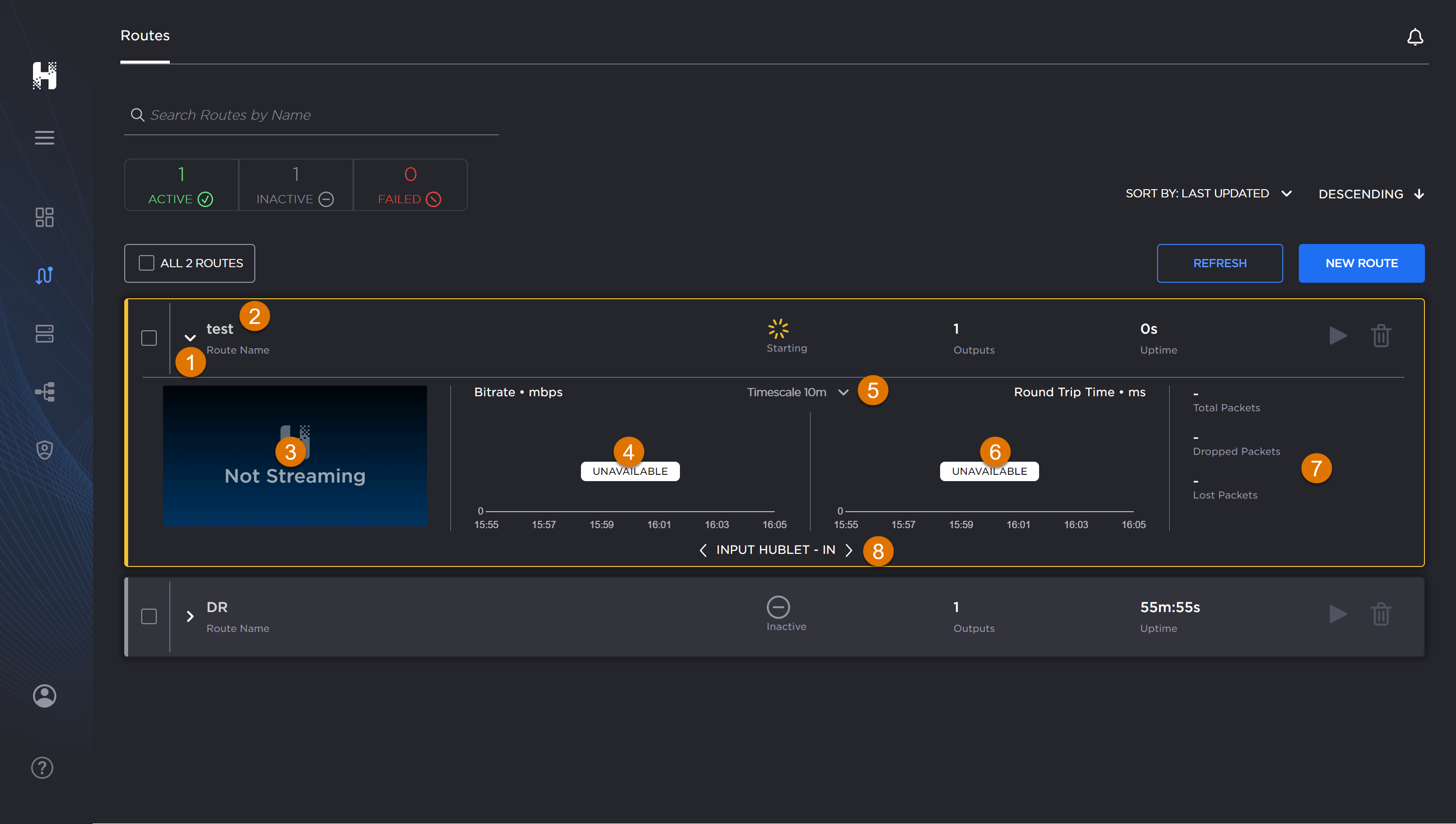 Hub routes screen with a route QuickView panel open and labeled.