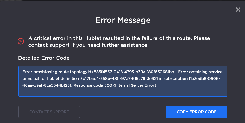 Route error pop-up message.
