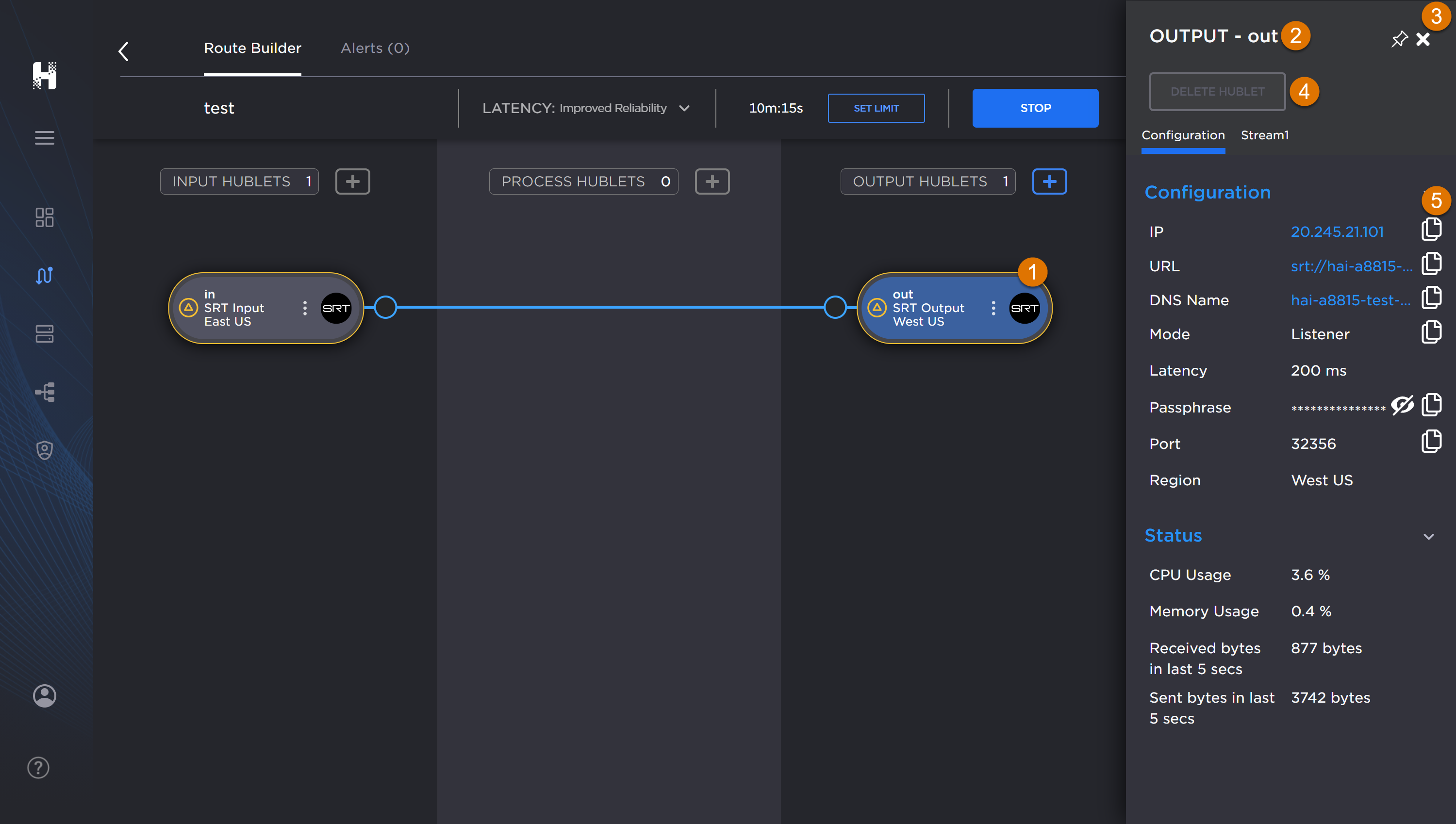 Hublet configuration panel open in Route Builder screen and labeled.