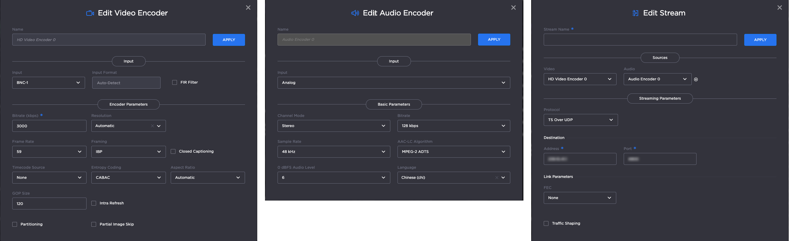 Each Video, Audio, and Stream Edit tab from the Configuration Panel.