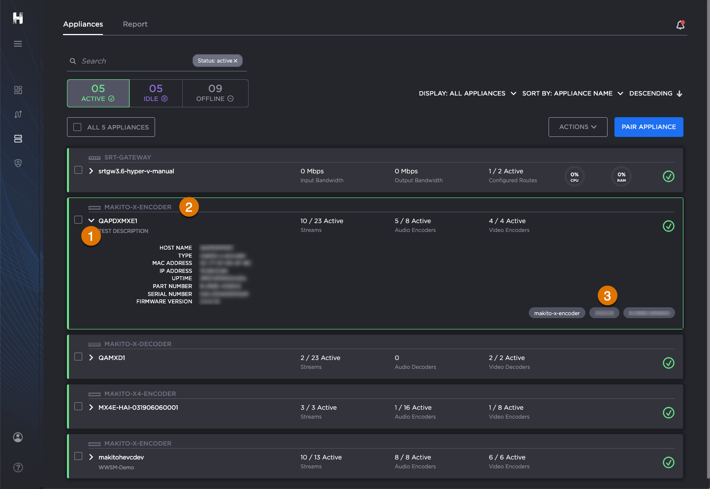 Appliances Screen, labeled, with an appliance QuickView panel open.