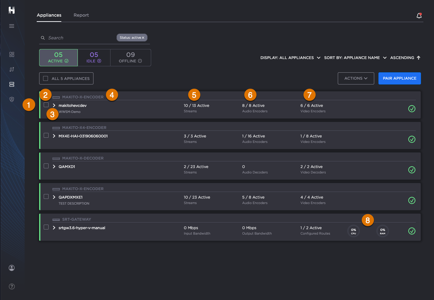 Hub Appliances Screen with individual appliance item labeled.