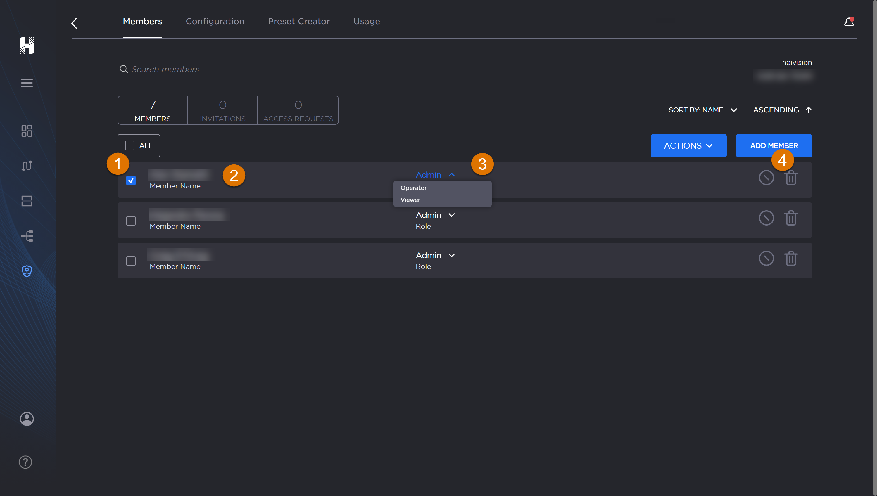 Members screen with individual member panel labeled.