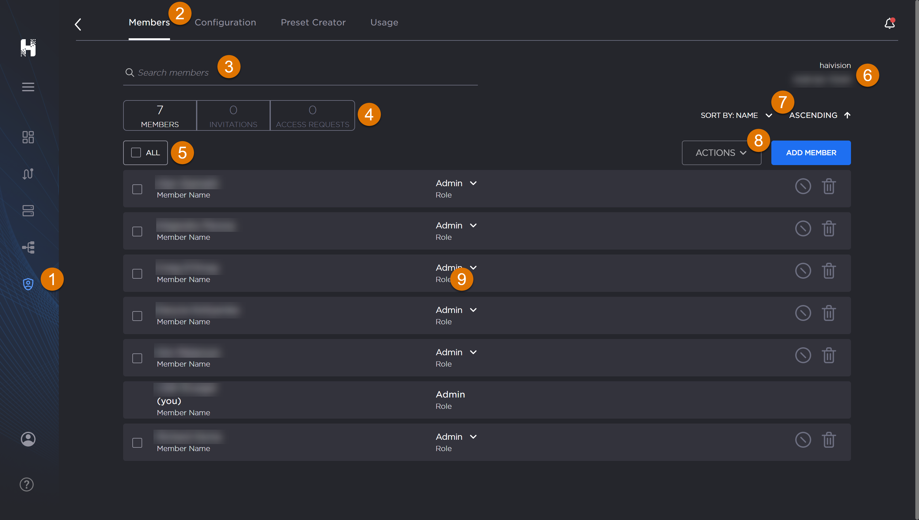 Members screen, labeled.