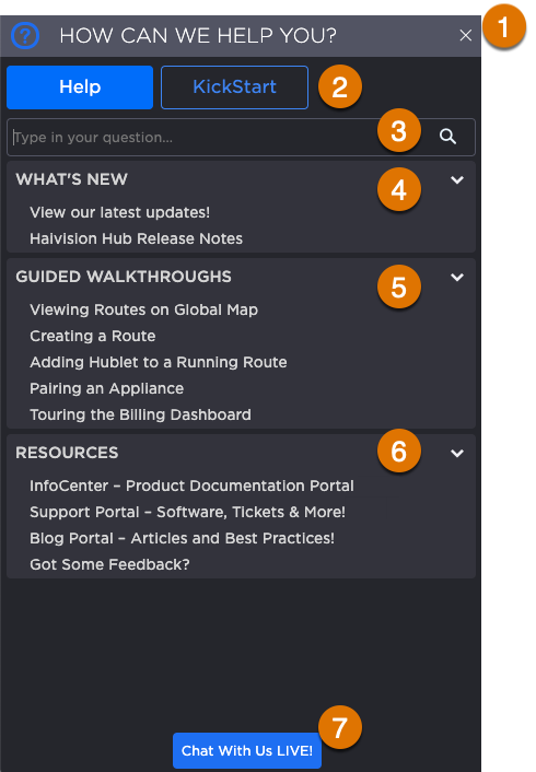 HelpCenter panel, labeled.