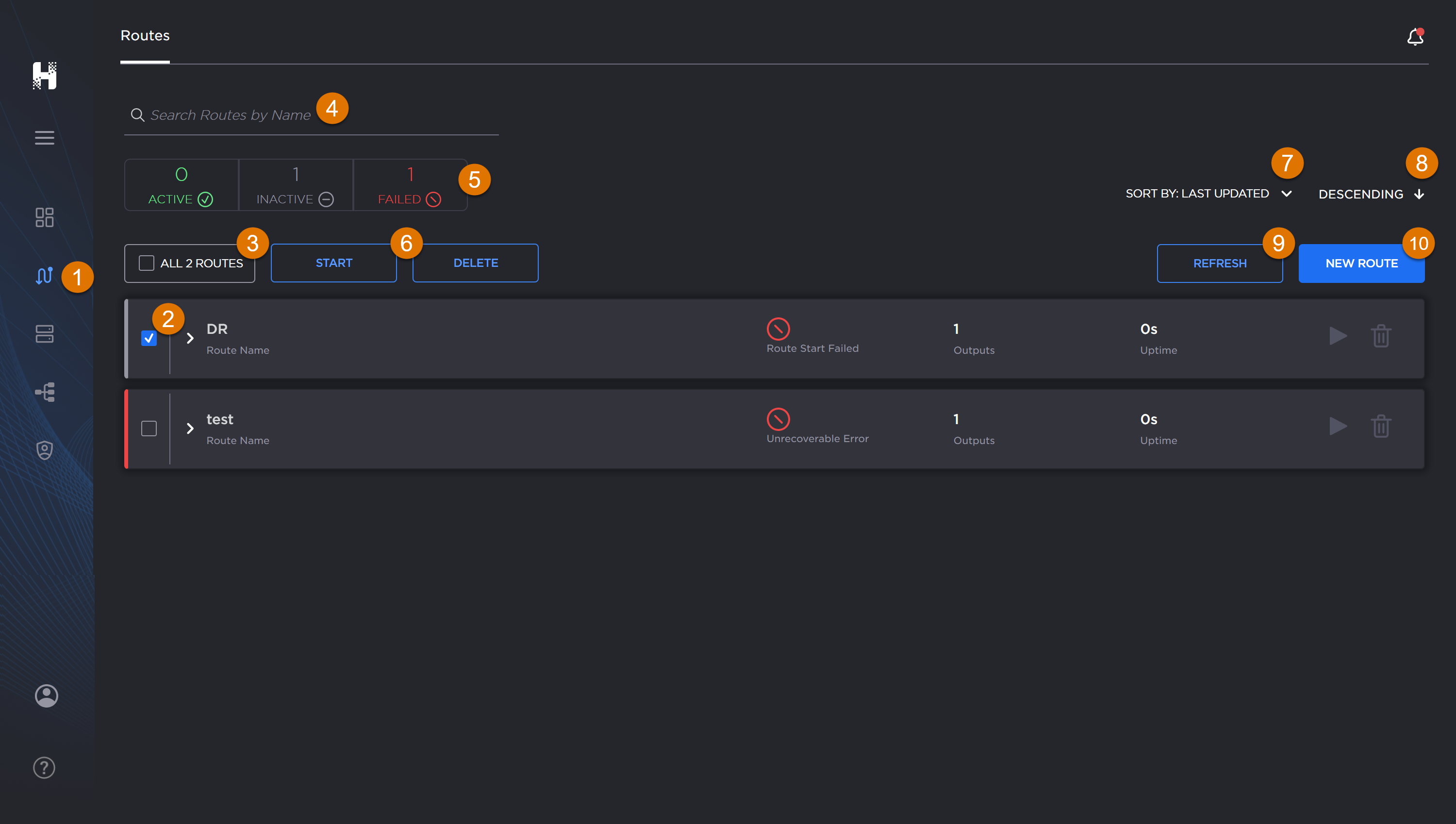 Hub routes screen, labeled.